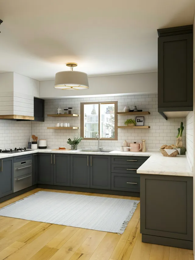 Kitchen with dark cabinets and subway tile backsplash