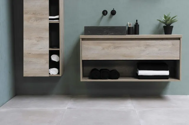 Floating vanity over large-format floor tile